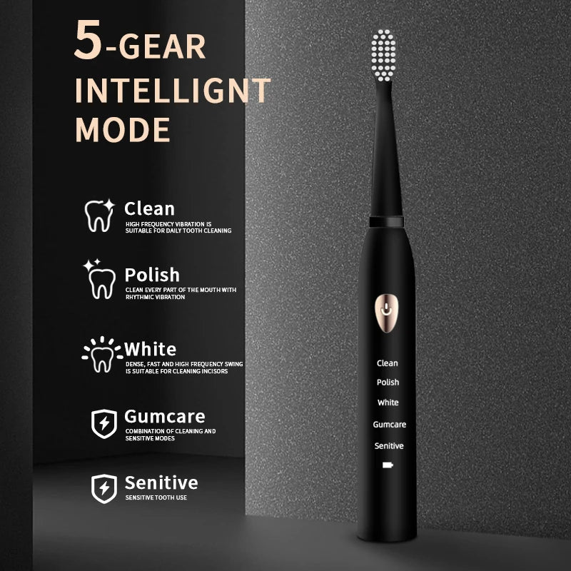 Jianpai Adult Black White Classic Acoustic Electric Toothbrush Adult 5-Gear Mode USB Charging IPX7 Waterproof Acoustic Electric